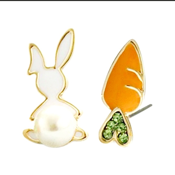 Gold plated green crystal Orange carrot Bunny pearl earrings silver post - Picture 4 of 11